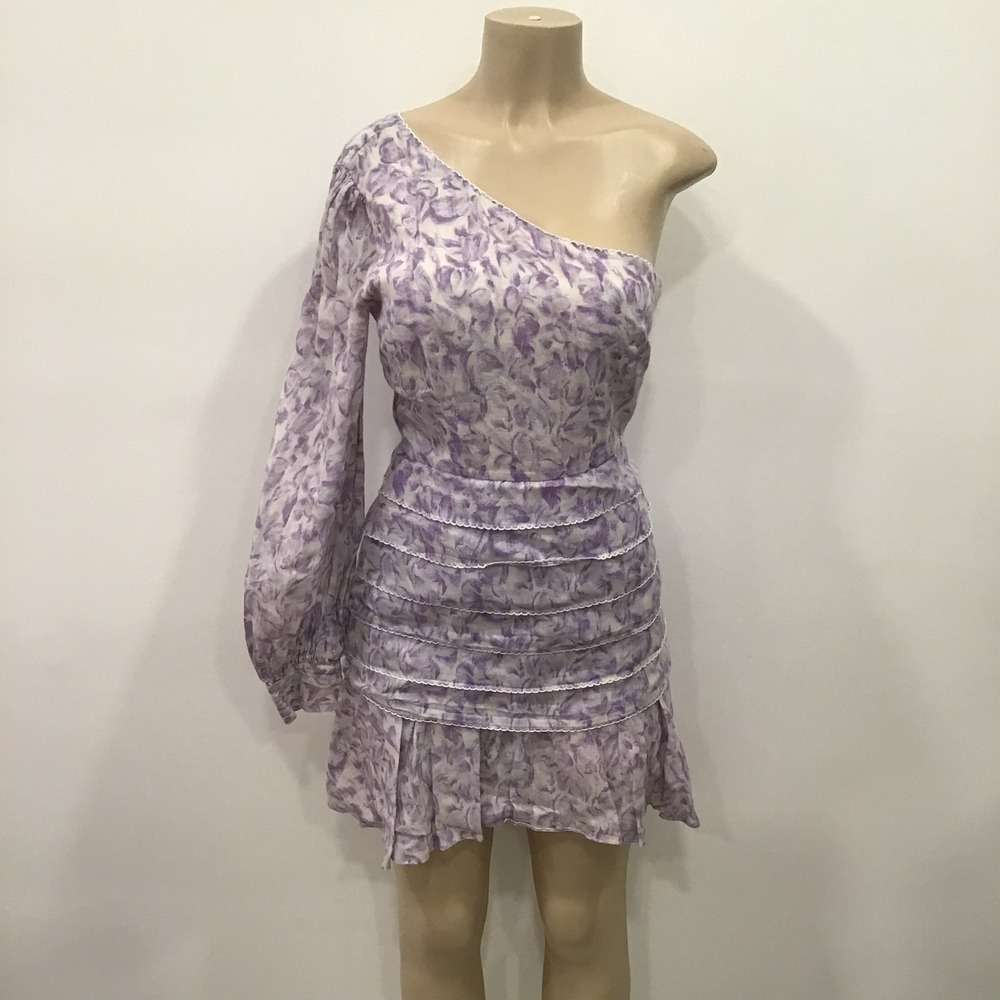 La Maison Talulah Dress Womens Purple Floral Ruffle One Shoulder Linen Dress XS